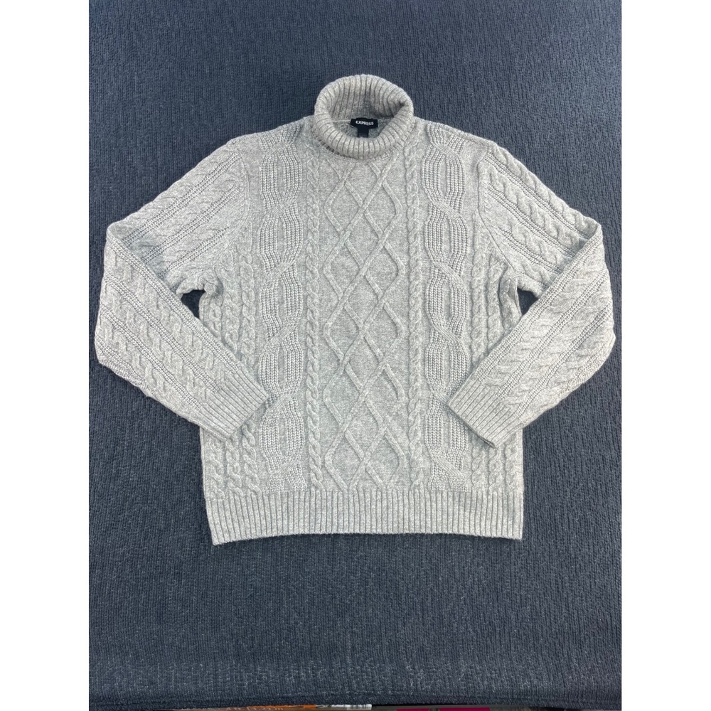 Express Mens Gray Cable Knit Turtleneck Sweater Conscious Edit Wool Blend Large